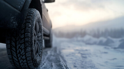 A close-up of a vehicle tire on a snowy road during a winter family road trip.