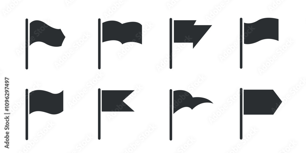 Poster set of eight black flag icons with various shapes. flat style design isolated on white background.