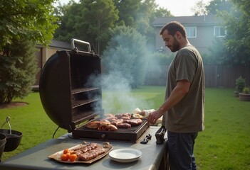 Father grilling in backyard with plate of freshly grilled food nearby. 