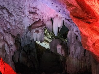 Borra, Andhra Pradesh India - Nov 11 2024: Natural Borra caves are largest in India. They are formed with a variety of speleothems ranging in size and shape near Vizag - Vishakhapatnam.