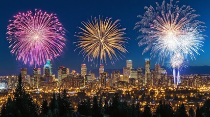 Spectacular Fireworks Display Over Vibrant City Skyline at Night