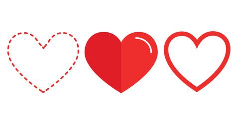 Set of three heart icons in red, dashed, and outlined styles.