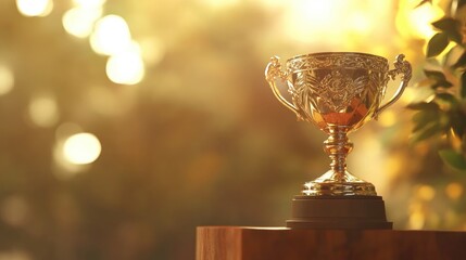 Elegant gold trophy placed on a polished wooden surface, featuring intricate designs and a dreamy bokeh backdrop of soft golden hues.