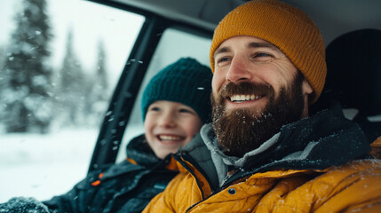 A joyful father and son enjoying a snowy winter adventure in a car.