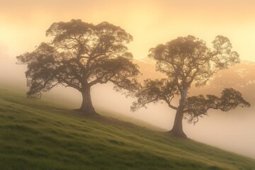 Fototapeta premium Serene Misty Landscape with Two Silhouetted Trees Against a Soft Golden Dawn Sky in a Peaceful Nature Setting Emphasizing Tranquility and Natural Beauty