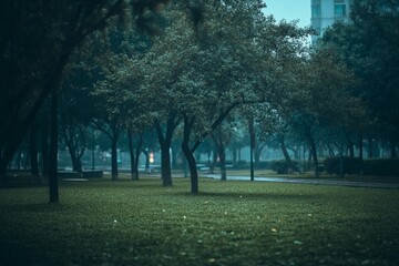 Obraz premium Serene Misty Morning in Urban Park with Lush Green Grass and Trees under a Layer of Fog Creating a Peaceful Atmosphere for Refreshing Walks and Relaxation