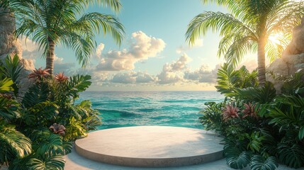 Fototapeta premium Podium for advertising products against the backdrop of the sea and palm trees. Tourist blurred background