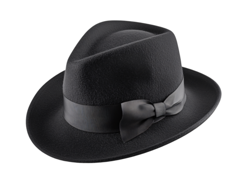 a black hat with a bow