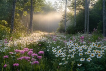 Fototapeta premium Serene Morning Landscape with Wildflowers and Mist Emerging Through Trees in a Tranquil Forest Setting at Dawn