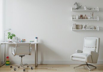 Fototapeta premium Minimalist home office with a white desk. chair. and armchair in a corner. wooden floor and shelves with decor. and a large blank wall for mockup