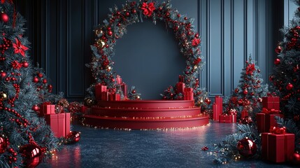 Podium for advertising products on a New Year's background. The concept of celebrating Christmas or New Year