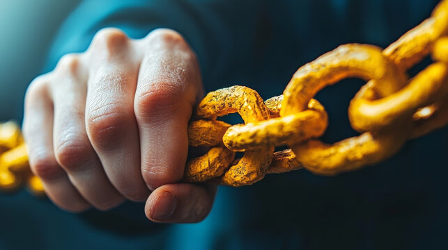 close up of hand gripping yellow chain, symbolizing strength and security. image conveys sense of resilience and connection