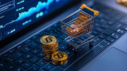 Cryptocurrency payment gateway for online retailers, featuring shopping cart filled with Bitcoin coins on laptop keyboard, symbolizing digital transactions and e commerce