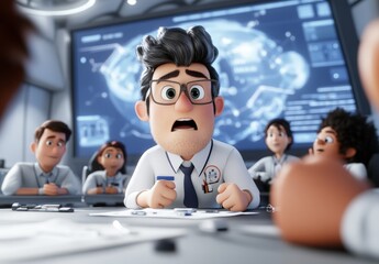 Animated Scientist Expressing Concern in a High-Tech Meeting Room