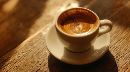 A Cup of Latte with Latte Art on a Wooden Surface