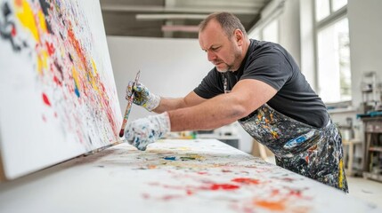Artist Creating Abstract Painting in a Bright Studio Environment