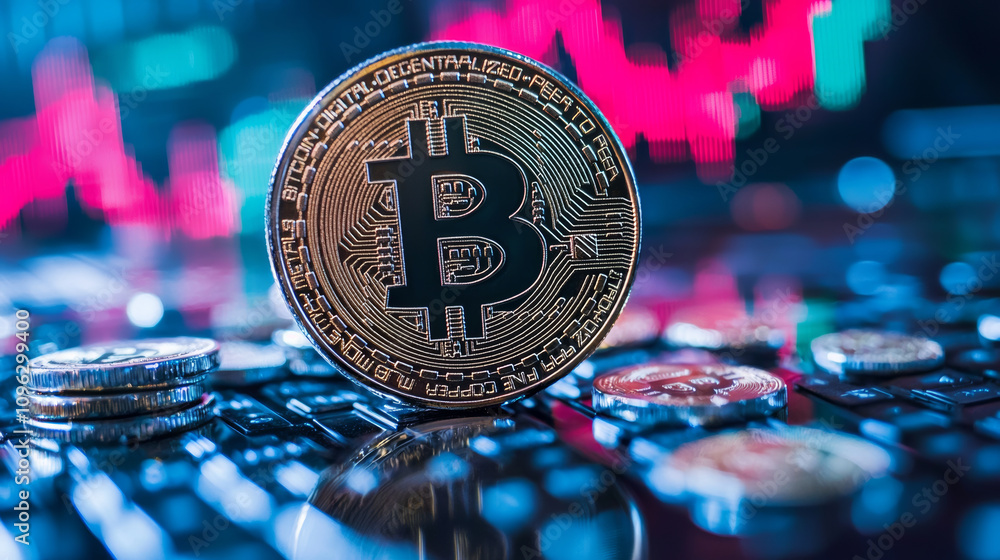 Wall mural bitcoin cryptocurrency coin on digital background with altcoins, representing secure online transact