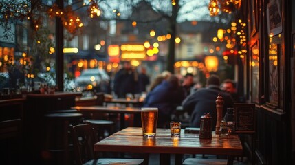 A pint of beer sits on a table at an outdoor cafe with people in the background and lights strung across the street.