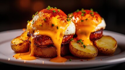 Eggs Benedict with rich sauce and chives served on a white plate alongside roasted potato slices, garnished with paprika for added flavor.