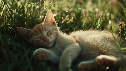 Fototapeta premium Sleepy orange tabby kitten peacefully resting on lush green grass, basking in soft sunlight with eyes gently closed and paws tucked beneath its body.