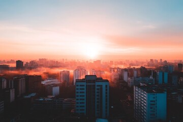 Fototapeta premium Serene Urban Scenery at Sunrise with Vibrant Colors Over a Modern City Skyline Featuring Buildings and Soft Morning Fog Beneath the Expanding Horizon