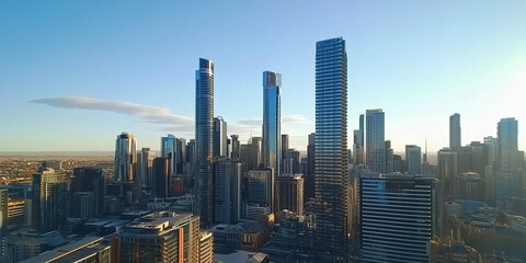 Obraz premium Modern Skyline with High-Rise Office Buildings under Blue Sky