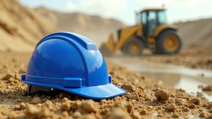 Protective construction helmet lies on ground against the background of tractor