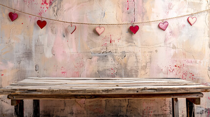 Empty wooden deck table set against a rustic wall background adorned with a heart-shaped garland, evoking the spirit of Valentine's Day.