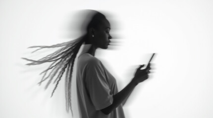 Blurred silhouette of a black girl with a phone in her hands and long dreadlocks on a white background