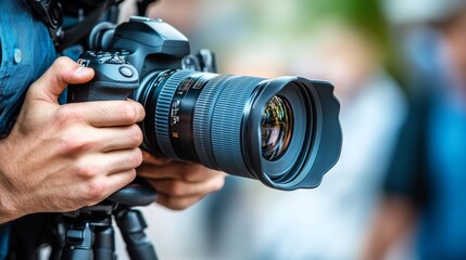 Professional Photographer Holding DSLR Camera with Zoom Lens