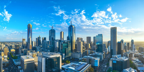 Fototapeta premium Modern Skyline with High-Rise Office Buildings under Blue Sky