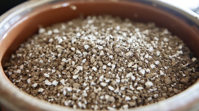 Exfoliated vermiculite in a terracotta pot, showcasing a light brown, granular texture ideal for soilless plant cultivation.