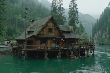 Fototapeta premium Serene lakeside retreat mountain valley architecture tranquil environment scenic view escape the everyday