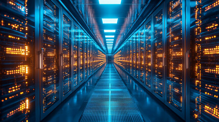 futuristic data center corridor with illuminated server racks, showcasing vibrant blue and orange lights. atmosphere conveys advanced technology and efficiency