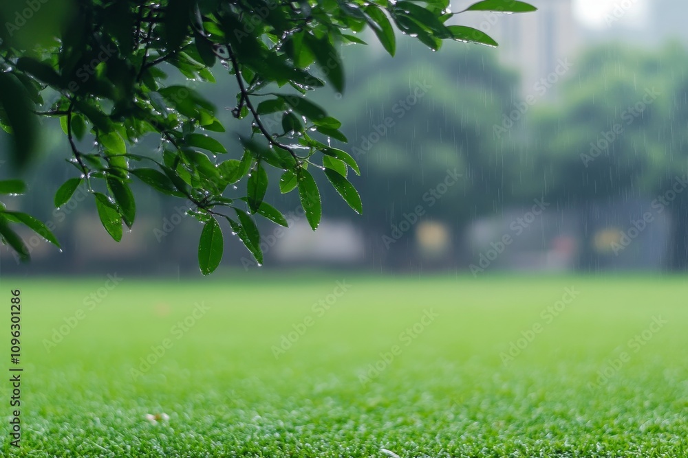 Poster tranquil scene of raindrops falling on lush green grass with leafy branch in foreground creating a s