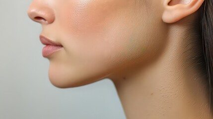  Profile view of a woman’s jawline and neck with soft, glowing skin, highlighting elegance, natural beauty, and healthy lifestyle.