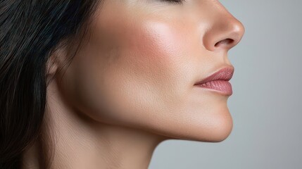  Profile view of streamlined neck and jawline, with excess fatty tissue removed, creating a youthful, defined facial silhouette.