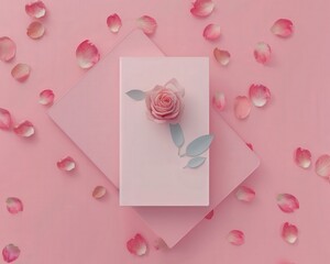 Blank spiral notebook surrounded by pink roses and petals on a pink background