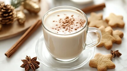 Warm beverage alongside ginger cookies and cinnamon sticks, surrounded by star anise and festive decor on a smooth countertop.