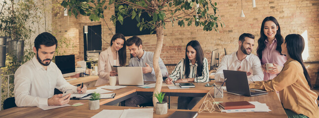 Nice attractive cheerful confident skilled people meeting analyzing economy finance growth plan...