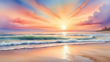 Fototapeta premium Watercolor painting of a tranquil beach landscape at sunset with golden sand and colorful skies