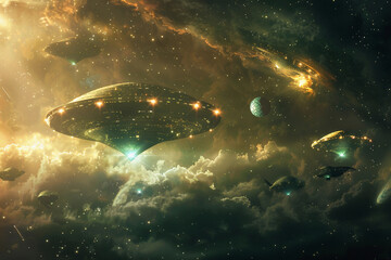 Fototapeta premium Iron oval UFO saucer hovering over beautiful landscape in dramatic sky