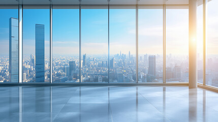 Panoramic City View through Large Office Windows in Modern Building