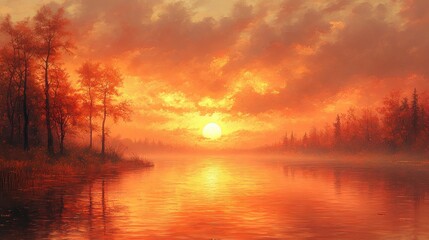 Fototapeta premium Fiery Sunset over Tranquil Lake