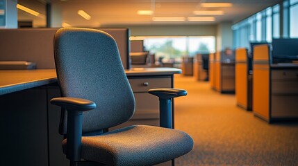 Fototapeta premium Modern Office Environment with Empty Ergonomic Chair in Focus, Soft Lighting and Workspace Design, Ideal for Corporate and Business Related Themes