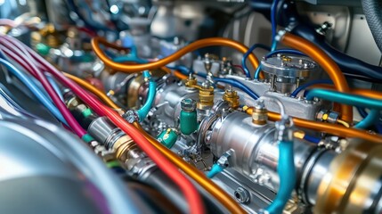 A close-up view of an airplane hydraulic system with colorful wiring and fluid tubes, carefully arranged within the machinery. The components are glossy and finely polished.