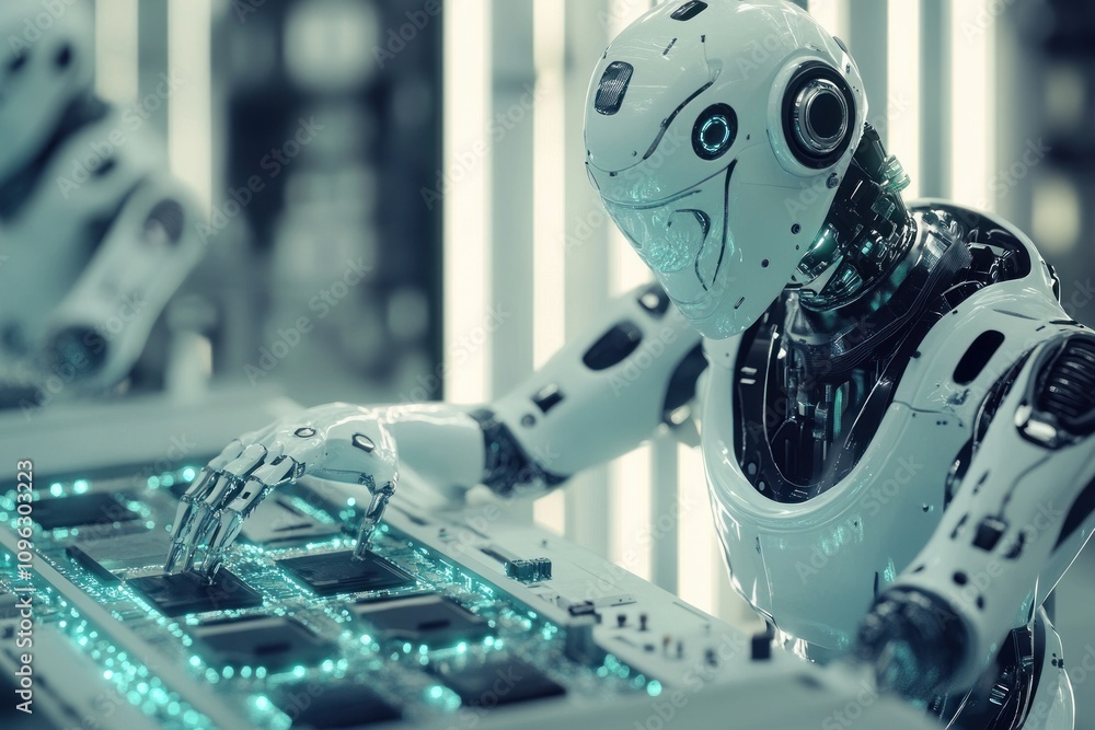 Poster futuristic robot working on advanced technology.
