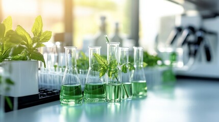 Fresh Mint Science in Laboratory with Test Tubes and Beakers