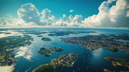Naklejka premium Aerial view of coastal city with islands, boats, and blue water under a vibrant sky.