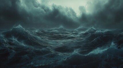 Dramatic sea with stormy waves and dark clouds, creating an intense and moody ocean scene